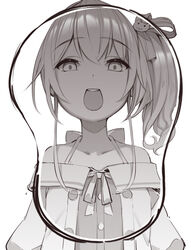  breast_mousepad cat_hair_ornament collarbone commentary_request female flat_chest flat_chest_joke greyscale hair_ornament hololive looking_down monochrome mousepad_(medium) natsuiro_matsuri natsuiro_matsuri_(1st_costume) open_mouth side_ponytail solo tenbin_gashira virtual_youtuber white_background 