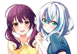  2girls :d ahoge bang_dream! blue_dress blush breasts brown_eyes commentary_request crossed_bangs dress frilled_shirt_collar frills futaba_tsukushi green_eyes hair_between_eyes highres kurata_mashiro long_hair looking_at_viewer multiple_girls open_mouth parted_lips playing_with_own_hair polka_dot polka_dot_shirt profile puffy_short_sleeves puffy_sleeves purple_hair shirt short_hair short_sleeves sidelocks simple_background smile striped_clothes striped_dress tawai teeth twintails upper_body upper_teeth_only vertical-striped_clothes vertical-striped_dress white_background white_hair yellow_shirt 