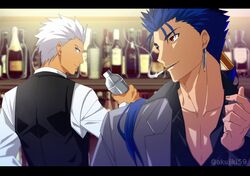  2boys akujiki59 archer_(fate) black_shirt black_vest blue_hair bottle cigarette collared_shirt commentary_request cu_chulainn_(fate) cu_chulainn_(fate/stay_night) dark-skinned_male dark_skin fate/grand_order fate/stay_night fate_(series) grey_jacket hair_tubes hand_up holding holding_bottle indoors jacket long_hair long_sleeves looking_back male_focus mouth_hold multiple_boys official_style ponytail red_eyes shelf shirt smoking vest white_shirt 