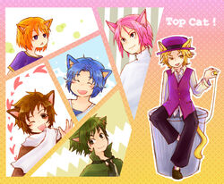  6+boys :d ;d ^_^ animal_ears bell benny_the_ball black_pants blonde_hair blue_hair blush brain_(top_cat) brown_eyes brown_hair buttons cat_boy cat_ears cat_tail choo_choo_(character) closed_eyes closed_mouth collared_shirt commentary_request copyright_name dress_shirt fancy-fancy green_eyes green_hair green_necktie green_shirt happy hat heart humanization jingle_bell long_sleeves looking_at_viewer looking_to_the_side male_focus multiple_boys necktie one_eye_closed open_mouth orange_hair pants parted_bangs pink_hair purple_eyes purple_headwear purple_shirt purple_vest scarf shirt shoes short_hair short_sleeves sitting smile spook_(top_cat) striped_clothes striped_shirt tail top_cat_(character) top_cat_(series) trash_can untucked_shirt vest watabou waving white_scarf white_shirt yellow_background yellow_eyes 