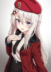  9a-91_(girls_frontline) alternate_costume belt beret blue_eyes blush eyebrows_visible_through_hair female girls_frontline hair_ornament hand_on_own_chest hat highres image_sample long_hair military military_jacket military_uniform necktie open_mouth replaceme silver_hair solo star_(symbol) star_hair_ornament twitter_sample uniform very_long_hair white_background yakob_labo 