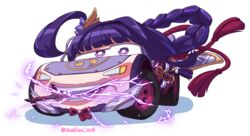  artist_name blunt_bangs bow bowtie braid car cars_(movie) commentary crossover electricity english_commentary flower genshin_impact hair_intakes hair_ornament headlight highres lace_trim lightning_mcqueen long_hair looking_at_viewer mitsudomoe_(shape) mole motor_vehicle mouth_hold musou_isshin_(genshin_impact) no_humans nut_(hardware) objectification open_mouth purple_eyes purple_flower purple_hair raiden_shogun raised_eyebrow rope scalizo shadow shimenawa simple_background solo sword teeth tire tomoe_(symbol) twitter_username vehicalization vehicle_focus weapon what wheel white_background 