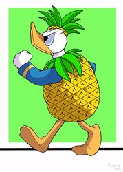  2022 anatid anseriform anthro avian beak bird clothed clothing costume disney donald_duck duck food food_costume fruit fruit_costume hi_res male pharynx pineapple pineapple_costume plant side_view signature simple_background solo walking 