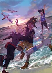  3boys anzu_(01010611) arm_up baseball_cap blonde_hair capri_pants cloud commentary_request dark-skinned_male dark_skin elio_(pokemon) gladion_(pokemon) grey_eyes hat hau_(pokemon) highres holding_another&#039;s_wrist hood hoodie male_focus multiple_boys open_mouth outdoors pants pokemon pokemon_(creature) pokemon_sm shirt shore short_sleeves shorts sky smile striped_clothes striped_shirt t-shirt teeth tongue wading water wingull 