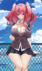  absurdres alternate_costume azur_lane black_cardigan black_hair black_skirt blue_sky bra bra_peek breasts bremerton_(azur_lane) cardigan chain-link_fence cleavage cloud collared_shirt day female fence genera-x hair_intakes hair_ornament hairclip hand_on_own_chest heart heart_necklace highres jewelry large_breasts looking_at_viewer miniskirt mole mole_under_eye multicolored_hair necklace outdoors parted_lips pink_nails pleated_skirt red_eyes red_hair school_uniform shirt skirt sky solo streaked_hair thighs twintails underwear x_hair_ornament 