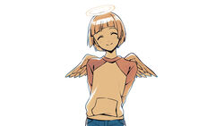  ^_^ angel angel_wings arms_behind_back asada_hachi bangs banned_artist blue_pants blunt_bangs closed_eyes closed_mouth commentary facing_viewer feathered_wings female haibane_renmei halo happy highres kuu_(haibane) limited_palette long_sleeves mini_wings pants raglan_sleeves shiny shiny_hair shirt short_hair simple_background smile solo standing twitter_username watermark white_background wings 