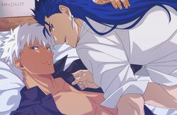  2boys akujiki59 archer_(fate) artist_name blue_hair collarbone collared_shirt commentary_request cu_chulainn_(fate) cu_chulainn_(fate/stay_night) earrings fate/grand_order fate/stay_night fate_(series) fingernails grey_eyes jewelry long_hair looking_at_viewer looking_back lying male_focus multiple_boys on_back open_clothes open_mouth open_shirt parted_lips red_eyes shirt short_hair sleeves_rolled_up spiked_hair teeth upper_teeth_only white_hair white_shirt yaoi 