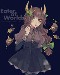  black_background black_dress bow character_name dress eater_of_worlds_(terraria) female green_bow green_eyes hairbow highres looking_at_viewer monster_girl open_mouth personification ru_cve_9 standing terraria 