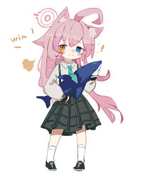  ! :3 ahoge animal_ears black_footwear blue_archive blue_eyes blue_necktie blush cat_ears collared_shirt commentary female fingerless_gloves full_body gloves grey_skirt halo heterochromia highres holding holding_stuffed_toy hoshino_(blue_archive) kemonomimi_mode long_hair long_sleeves necktie orange_eyes pink_hair ryu_(17569823) shirt simple_background skirt solo stuffed_animal stuffed_shark stuffed_toy symbol-only_commentary white_background white_shirt 