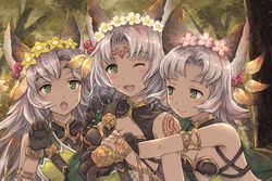  3girls :o ;d animal_ear_fluff animal_ears animal_hands bare_shoulders black_gloves blush breasts cleavage closed_mouth commentary_request dark_skin day erune facial_mark felluca flower forehead_mark forest fur-trimmed_gloves fur_trim gloves granblue_fantasy green_eyes grey_hair hair_flower hair_ornament long_hair melleau multiple_girls nature nemone one_eye_closed open_mouth outdoors parted_bangs paw_gloves pink_flower siblings sisters small_breasts smile tree upper_body white_flower yakka yellow_flower 