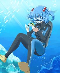  air_bubble blue_eyes blue_hair bodysuit breasts bubble commission coral_reef diving_mask diving_regulator diving_suit female fish flippers goggles hair_bobbles hair_ornament highres kawashiro_nitori light_rays rise_(rise19851203) school_of_fish scuba scuba_gear scuba_tank skeb_commission solo sunbeam sunlight touhou tropical_fish two_side_up underwater underwear wetsuit 