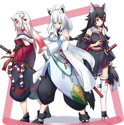  3girls adapted_costume ahoge animal_ear_fluff animal_ears ayafubumi_(hololive) bell black_hair black_shirt black_skirt braid commentary_request crop_top detached_sleeves double_bun dual_wielding earrings fox_ears fox_girl fox_tail full_body gradient_hair green_eyes hair_bell hair_between_eyes hair_bun hair_ornament highres holding holding_sword holding_weapon hololive hood hoodie horns jewelry jingle_bell kanabun_bun1 katana long_hair looking_at_viewer midriff multicolored_hair multiple_girls nakiri_ayame necktie ookami_mio ookami_mio_(1st_costume) pose red_eyes red_hair red_necktie sheath sheathed shirakami_fubuki shirakami_fubuki_(1st_costume) shirt sidelocks simple_background single_braid skin-covered_horns skirt streaked_hair sword tail thighhighs virtual_youtuber weapon white_background white_hair white_hoodie white_thighhighs wolf_ears wolf_girl wolf_tail yellow_eyes 