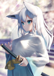  animal_ear_fluff animal_ears blue_hakama blurry blurry_background braid breasts commentary_request earrings female fox_ears fox_girl green_eyes hair_between_eyes hakama highres holding holding_sword holding_weapon hololive japanese_clothes jewelry katana long_hair long_sleeves sheath shirai_yu shirakami_fubuki shirt sidelocks single_braid small_breasts solo sword unsheathing virtual_youtuber weapon white_hair white_shirt 