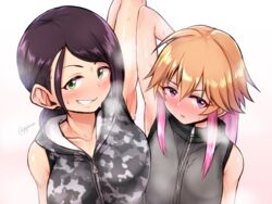  2girls arm_up armpit_crease armpits black_sweater blush brown_hair camouflage camouflage_hoodie gojarun green_eyes grin hair_between_eyes highres hood hoodie idolmaster idolmaster_cinderella_girls long_hair looking_at_viewer multicolored_hair multiple_girls ninomiya_asuka orange_hair parted_bangs parted_lips pink_eyes pink_hair ponytail sidelocks simple_background sleeveless sleeveless_hoodie sleeveless_sweater smile steaming_body sweat sweater two-tone_hair yamato_aki 