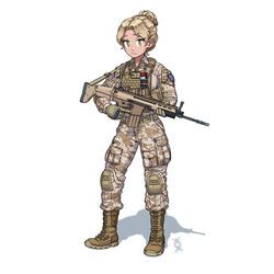  absurdres american_flag ammunition_pouch ankle_lace-up assault_rifle battle_rifle blonde_hair blue_eyes body_armor boots brown_footwear brown_gloves camouflage camouflage_jacket camouflage_pants commission cross-laced_footwear desert_camouflage female fn_scar fn_scar_17 full_body gloves green_eyes gun gun_sling hair_bun highres holding holding_gun holding_weapon jacket long_sleeves looking_at_viewer military military_uniform original ostwindprojekt pants pouch rifle shadow short_hair simple_background single_hair_bun soldier solo standing trigger_discipline uniform united_states_marine_corps weapon white_background yellow_eyes 