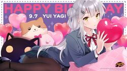  balloon blazer border character_name commentary copyright_name dated english_commentary english_text female grey_hair hair_bun happy_birthday heart_balloon highres holding holding_balloon jacket logo long_hair mahjong mahjong_soul miojun_nono official_art official_wallpaper pantyhose plaid plaid_skirt pleated_skirt purple_background school shirt skirt solo tenbou white_border white_shirt yagi_yui yellow_eyes 