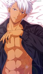  1boy abs akujiki59 archer_(fate) artist_name bed_sheet black_shirt collarbone collared_shirt commentary_request fate/grand_order fate/stay_night fate_(series) fingernails from_above grey_eyes hand_up lens_flare long_sleeves looking_at_viewer lying male_focus on_back open_clothes open_shirt parted_lips shirt short_hair smile solo upper_body watermark white_hair 