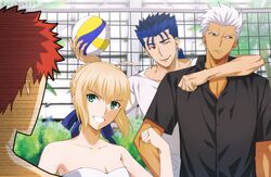  3boys akujiki59 archer_(fate) arm_around_neck artoria_pendragon_(fate) ball blonde_hair blue_hair breasts cleavage clenched_hand collarbone collared_shirt commentary_request cu_chulainn_(fate) cu_chulainn_(fate/stay_night) dark-skinned_male dark_skin day emiya-san_chi_no_kyou_no_gohan emiya_shirou fate/stay_night fate_(series) female green_eyes hand_up holding holding_ball multiple_boys orange_hair outdoors ponytail saber_(fate) shirt short_hair spiked_hair strapless tube_top white_hair white_shirt 