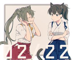  2girls animal_ears blue_hakama brown_hair cat_ears cat_girl cat_tail hair_ribbon hakama hakama_short_skirt hakama_skirt japanese_clothes kaga_(kancolle) kantai_collection kouga_(mutsumi) long_hair multiple_girls red_hakama ribbon side_ponytail simple_background skirt tail twintails zuikaku_(kancolle) 