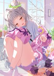  absurdres blush crossed_legs female flower grey_hair hair_bun hair_ornament headband highres holding hololive indoors jacket knees_up legs long_hair looking_down mei_am0 murasaki_shion murasaki_shion_(magical_girl_maid) no_shoes official_alternate_costume open_clothes open_jacket open_mouth orange_eyes pink_jacket shiokko_(murasaki_shion) shirt short_shorts shorts sidelocks single_hair_bun sitting sleeves_past_wrists smile socks star_(symbol) star_hair_ornament virtual_youtuber white_shirt yellow_eyes 