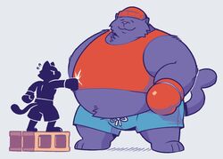  2021 anthro bottomwear boxing boxing_gloves closed_eyes clothing domestic_cat duo felid feline felis greenendorf handwear hat headgear headwear heathcliff_and_the_catillac_cats male mammal mungo overweight overweight_male shirt shorts size_difference sport topwear 