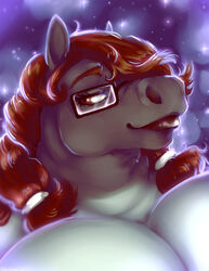  2020 accessory alundra anthro breasts brown_eyes brown_hair bust_portrait cleavage clothed clothing danji-isthmus double_chin equid equine eyebrows eyelashes eyewear female glasses hair hair_accessory hi_res horse lidded_eyes lips mammal obese obese_anthro overweight overweight_anthro portrait purple_background simple_background solo sparkles thick_bottom_lip 