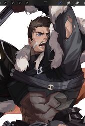  1boy armor avatar_(ff14) axe bara brown_hair commentary_request final_fantasy final_fantasy_xiv full_body fur_trim highres holding holding_axe holding_weapon hyur jiecaoxiong male_focus mature_male muscular muscular_male open_mouth short_hair solo warrior_(final_fantasy) weapon 