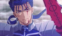  1boy akujiki59 artist_name blood blood_on_face blue_hair blurry closed_mouth cloud cloudy_sky commentary_request cu_chulainn_(fate) cu_chulainn_(fate/stay_night) fate/grand_order fate/stay_night fate_(series) floating_hair hair_tubes long_hair looking_at_viewer male_focus official_style outdoors ponytail rain red_eyes shoulder_plates sky smile solo upper_body watermark weapon 