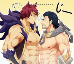  2boys abs artist_name bara beard black_hair blush collar facial_hair gauntlets kaiki_(osuppai) large_pectorals league_of_legends male_focus manboobs manly mature_male multiple_boys muscular muscular_male nipples pectoral_docking pectoral_press pectorals scar sett_(league_of_legends) sideburns smile sweat sylas_(league_of_legends) tattoo thick_arms yaoi 