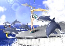  black-framed_eyewear blue_sky blue_whale braid commentary_request competition_swimsuit day dolphin fate/grand_order fate_(series) female glasses highleg highleg_swimsuit hood hooded_jacket jacket jeanne_d&#039;arc_(fate) jeanne_d&#039;arc_(swimsuit_archer)_(fate) jeanne_d&#039;arc_(swimsuit_archer)_(second_ascension)_(fate) long_braid long_hair long_sleeves meme naze_nani_karada_no_fushigi neta one-piece_swimsuit outdoors shark single_braid sky standing swimsuit takuteks whale whistle whistle_around_neck white_jacket white_one-piece_swimsuit 