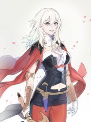  alternate_color armor black_shorts byleth_(female)_(fire_emblem) byleth_(fire_emblem) cape clothing_cutout clovisxvii commentary_request cosplay edelgard_von_hresvelg edelgard_von_hresvelg_(cosplay) female fire_emblem fire_emblem:_three_houses highres holding holding_sword holding_weapon navel navel_cutout open_mouth pantyhose purple_eyes red_cape red_pantyhose short_shorts shorts solo super_smash_bros. sword sword_of_the_creator weapon white_hair 