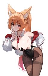  absurdres animal_ear_fluff animal_ears armpits artist_request bare_shoulders between_breasts black_leotard blonde_hair braid breasts brown_pantyhose cleavage commission covered_navel detached_collar dungeon_and_fighter ellin_meiji female fox_ears hand_on_own_hip highleg highleg_leotard highres index_finger_raised jacket large_breasts leaning_forward leotard long_hair looking_at_viewer necktie necktie_between_breasts nontraditional_playboy_bunny off_shoulder open_clothes open_jacket pantyhose ponytail red_eyes second-party_source simple_background solo standing strapless strapless_leotard thigh_gap thighband_pantyhose very_long_hair white_background white_jacket 