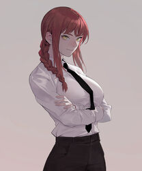  bad_id bad_twitter_id black_necktie black_pants braid braided_ponytail breasts business_suit chainsaw_man closed_mouth collared_shirt commentary cowboy_shot crossed_arms dongho_kang english_commentary female formal green_eyes grey_background hair_over_shoulder high-waist_pants highres large_breasts long_hair long_sleeves looking_at_viewer makima_(chainsaw_man) medium_breasts necktie office_lady pants red_hair ringed_eyes shirt shirt_tucked_in simple_background single_braid smile solo suit white_shirt 