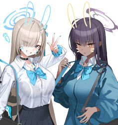  2girls absurdres assault_rifle asuna_(blue_archive) asymmetrical_bangs bag black_hair blue_archive blue_eyes bow bra_visible_through_clothes breasts bullpup cardigan collared_shirt commentary dark-skinned_female dark_skin drawn_ears drawn_whiskers face_filter famas gun halo highres karin_(blue_archive) light_brown_hair long_hair long_sleeves multiple_girls nagul rifle school_uniform scrunchie see-through see-through_shirt shirt symbol-only_commentary v weapon white_shirt wrist_scrunchie yellow_eyes 