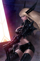  absurdres armor black_bra black_shorts black_thighhighs blonde_hair bra breasts cleavage comic_cover commentary cover_image crop_top english_commentary female from_side gauntlets highres holding holding_sword holding_weapon huge_weapon illyana_rasputina jee-hyung_lee long_hair magik_(x-men) marvel midriff navel official_art short_shorts shorts shoulder_armor solo sword thighhighs underwear weapon x-men 