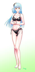  barefoot bikini black_bikini blue_hair bracelet breasts eiyuu_densetsu female full_body hair_ornament hime_cut jewelry kuro_no_kiseki long_hair looking_at_viewer medium_breasts nail_polish navel risette_twinings signature simple_background smile solo swimsuit two-tone_background xiacheng_tatsuya yellow_eyes 