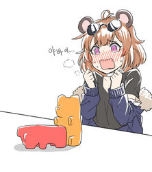  all_fours animal_ears antenna_hair bear_ears blush brown_hair choker commentary_request doggy_style dulldull duplicate embarrassed eyewear_on_head female fur_trim girls&#039;_frontline grizzly_mkv_(girls&#039;_frontline) grizzly_mkv_(teddy_transform!)_(girls&#039;_frontline) gummy_bear heavy_breathing jacket korean_commentary korean_text off_shoulder official_alternate_costume open_mouth pixel-perfect_duplicate purple_eyes shirt short_hair solo sunglasses t-shirt translation_request 