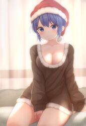  black_shirt blue_eyes blue_hair blush breasts cleavage closed_mouth collarbone commentary_request doremy_sweet female hair_between_eyes hat large_breasts looking_at_viewer nightcap red_hat shirt short_hair sleeves_past_wrists smile solo suigetsu_(watermoon-910) touhou 