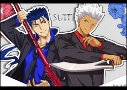  2boys akujiki59 archer_(fate) artist_name black_jacket black_necktie blue_hair blue_shirt buttoned_cuffs buttons collared_shirt commentary_request cu_chulainn_(fate) cu_chulainn_(fate/stay_night) dark-skinned_male dark_skin fate/grand_order fate/stay_night fate_(series) formal holding holding_weapon jacket long_sleeves male_focus multiple_boys necktie official_style one_eye_closed open_clothes open_jacket outline red_eyes red_shirt shirt short_hair smile spiked_hair suit upper_body weapon 