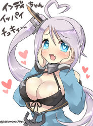  :d ahoge azur_lane bikini bikini_top_only black_bikini blue_eyes blue_jacket blush breasts cleavage commentary_request female front-tie_bikini_top front-tie_top grey_hair hair_between_eyes hands_on_own_face hands_up headgear heart heart-shaped_pupils heart_ahoge jacket large_breasts long_hair long_sleeves nanopai_kakumeikokonoyu oerba_yun_fang off_shoulder open_mouth portland_(azur_lane) sidelocks simple_background smile solo swimsuit symbol-shaped_pupils translated very_long_hair white_background 