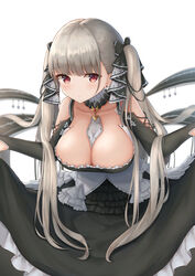  azur_lane between_breasts black_dress blush breasts cleavage closed_mouth commentary detached_collar dress ear_piercing female formidable_(azur_lane) frilled_dress frills grey_hair hair_ribbon highres jori large_breasts long_hair looking_at_viewer piercing red_eyes ribbon simple_background skirt_hold solo twintails white_background 