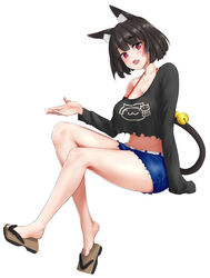  absurdres animal_ear_fluff animal_ears azur_lane barefoot bell bikini bikini_under_clothes black_hair black_shirt blue_shorts breasts cat_ears cat_girl cat_tail crop_top crop_top_overhang female full_body highres large_breasts linea_alba looking_at_viewer midriff oerba_yun_fang official_alternate_costume ojisan_f open_mouth purple_eyes red_bikini sandals shirt short_hair shorts simple_background single_bare_shoulder solo swimsuit tail tail_bell tail_ornament torn_clothes torn_shirt torn_shorts white_background yamashiro_(azur_lane) yamashiro_(vacation_offensive!)_(azur_lane) 