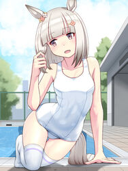  absurdres animal_ears blue_sky blunt_bangs breasts cloud collarbone commentary_request day facing_viewer female flower grey_hair hair_flower hair_ornament hairclip happy_meek_(umamusume) highres horse_ears horse_girl horse_tail one-piece_swimsuit outdoors pink_eyes poolside school_swimsuit short_hair sideways_glance sky small_breasts solo swimsuit tail thighhighs tussy umamusume white_one-piece_swimsuit white_thighhighs 