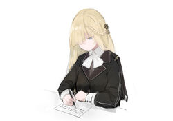  black_jacket blonde_hair blue_eyes braid closed_mouth collar collared_shirt commentary cz52_(girls&#039;_frontline) female girls&#039;_frontline hair_ornament hair_over_one_eye highres holding holding_pen jacket long_hair long_sleeves looking_down paper pen rampart1028 shirt simple_background sitting solo upper_body white_background white_shirt writing 