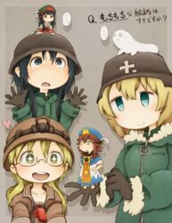  6+girls :d ? barefoot black_eyes black_hair blonde_hair blue_eyes blue_headwear blunt_bangs blush braid brown_eyes brown_gloves brown_hair brown_headwear chito_(shoujo_shuumatsu_ryokou) closed_mouth coat combat_helmet commentary_request crossover dress fur_trim gloves green_eyes green_headwear hair_between_eyes hakumei_(hakumei_to_mikochi) hakumei_to_mikochi hat headlamp heart helmet highres holding holding_person jacket kuramono-mochi long_hair long_sleeves made_in_abyss medium_hair mikochi_(hakumei_to_mikochi) military military_uniform multiple_crossover multiple_girls no_nose nuko_(shoujo_shuumatsu_ryokou) open_mouth riko_(made_in_abyss) round_teeth short_sleeves shoujo_shuumatsu_ryokou size_difference smile sparkling_eyes stahlhelm standing teeth translated uniform upper_body whistle whistle_around_neck wide_sleeves yuuri_(shoujo_shuumatsu_ryokou) 