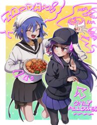  2boys absurdres ambiguous_gender animal_ears bandana baseball_cap black_headwear black_pantyhose black_skirt black_sweater blonde_hair blush border broccoli buckle chicken_(food) closed_eyes closed_mouth commentary_request cookie_(touhou) cowboy_shot crab crossdressing eating food fried_chicken genderswap_(ftm) gradient_hair hair_between_eyes hat highres hisui_(cookie) holding holding_plate kochiya_sanae long_hair long_sleeves looking_at_another looking_to_the_side male_focus medium_hair multicolored_hair multiple_boys niconico open_mouth pantyhose paseri_(cookie) plate purple_hair purple_skirt rabbit_ears red_eyes reisen_udongein_inaba remmuh_(cookie) rule_63 school_uniform serafuku sharp_teeth shiriri_(cookie) shirt sidelocks skirt standing sweatdrop sweater teeth tomato toteraba touhou white_border white_headwear white_shirt yellow_background 