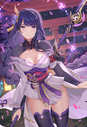  armor artist_name blue_pupils braid breasts bridal_gauntlets cherry_blossoms choker cleavage closed_mouth cowboy_shot dutch_angle engulfing_lightning_(genshin_impact) expressionless falling_petals female flower genshin_impact hair_ornament highres holding holding_polearm holding_weapon japanese_clothes kimono lantern large_breasts lixiang_guo_alice long_hair looking_at_viewer low-braided_long_hair low-tied_long_hair magic_circle mitsudomoe_(shape) mole mole_under_eye multiple_torii night night_sky obi obiage obijime off_shoulder outdoors petals pink_lips polearm print_kimono purple_eyes purple_flower purple_hair purple_kimono purple_rope purple_thighhighs raiden_shogun red_ribbon red_rope ribbon ribbon_choker rope sash shoulder_armor shrug_(clothing) signature sky solo star_(sky) starry_sky tassel thighhighs tomoe_(symbol) torii tree vision_(genshin_impact) weapon yellow_rope 