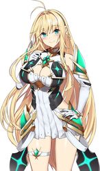  bare_legs bare_shoulders blonde_hair breasts chest_jewel cleavage cleavage_cutout clothing_cutout commentary cosplay dress elbow_gloves female gloves highres large_breasts long_hair mythra_(xenoblade) mythra_(xenoblade)_(cosplay) short_dress swept_bangs thigh_strap tsurumaki_maki very_long_hair voiceroid white_dress white_gloves xenoblade_chronicles_(series) xenoblade_chronicles_2 yappen yellow_eyes 