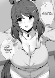  :d animal_ears blush breasts cleavage clip_studio_paint_(medium) english_commentary english_text female greyscale hair_ornament hairclip highres horse_ears horse_girl horse_tail huge_breasts jewelry light_hello_(umamusume) long_hair monochrome pendant sheita smile solo tail umamusume 