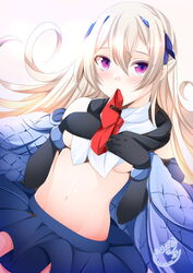  2020 azur_lane black_gloves blue_cape blue_skirt blush bracelet breast_suppress breasts cape casablanca_(azur_lane) clothes_lift commentary_request crop_top dated dutch_angle elbow_gloves female gloves groin hair_between_eyes hair_ornament half_updo highres jewelry long_hair looking_at_viewer medium_breasts midriff mouth_hold navel necktie off_shoulder origami_aya pleated_skirt purple_eyes red_necktie shirt shirt_lift sidelocks signature simple_background skirt sleeveless sleeveless_shirt solo underboob upper_body white_hair white_shirt 